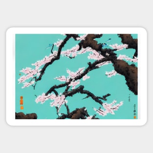 Green Cherry Blossom Shodo Artwork Sticker